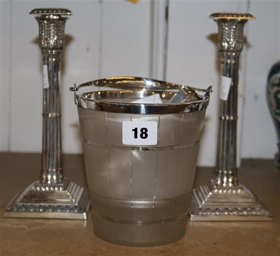 Pair of silver plated cluster column candlesticks and a plated ice bucket and 2 x tongs